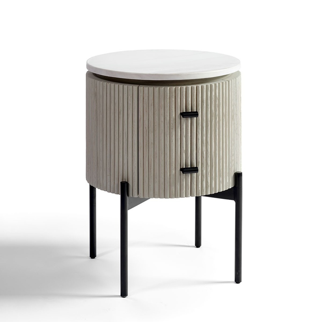 Mesita de noche redonda madera blanca grisácea y metal negro