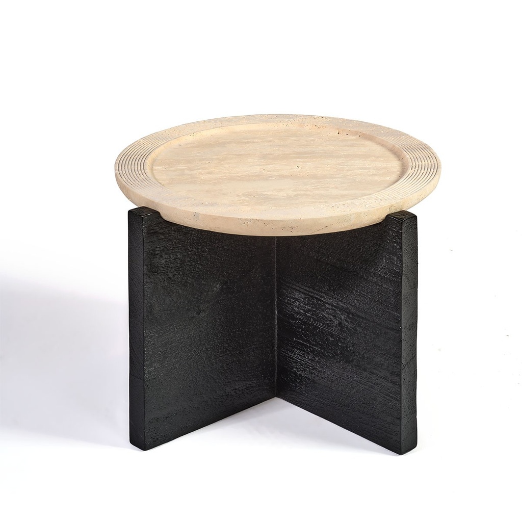 Mesa de centro en madera negra y travertino.