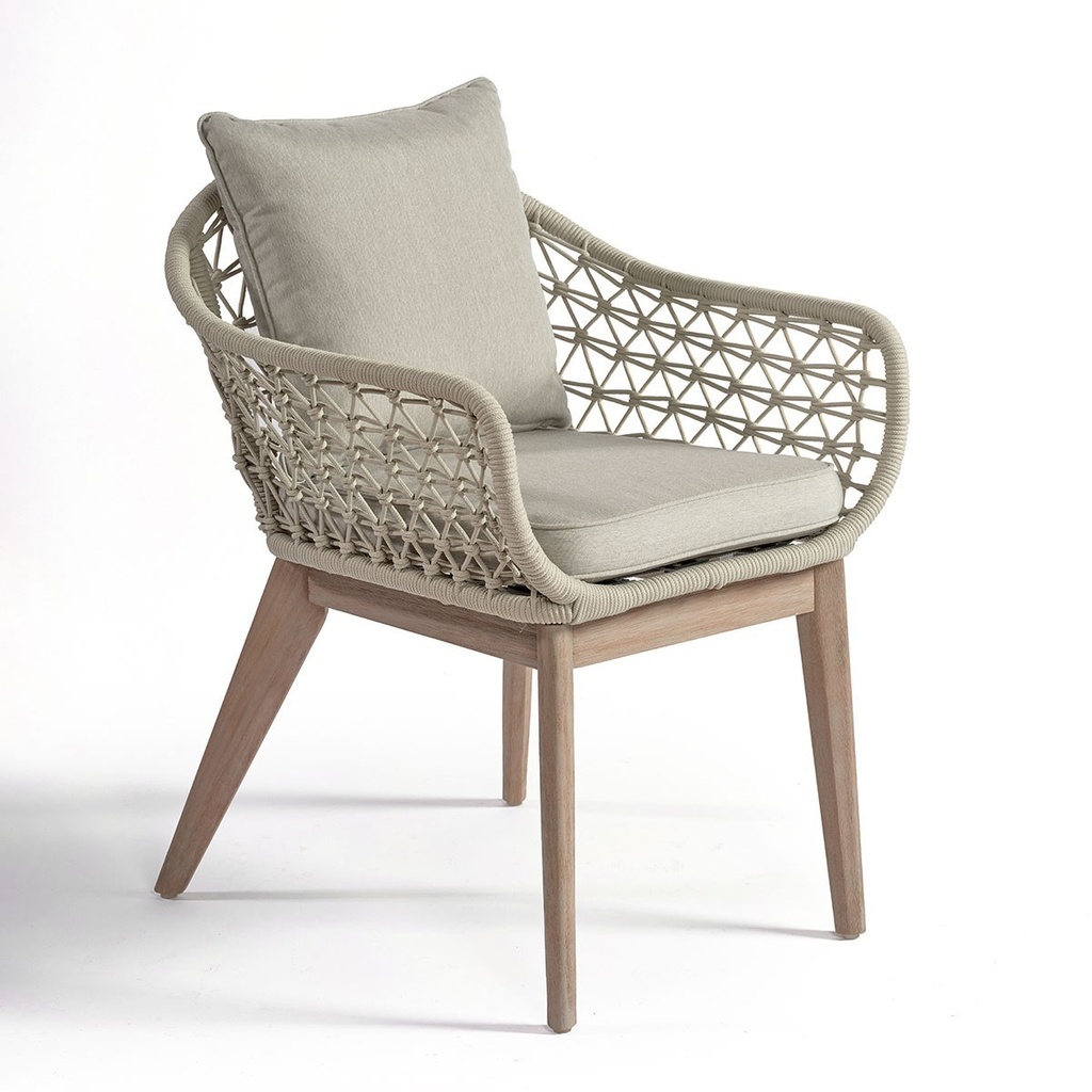 Sillón de comedor exterior madera y cuerda blanco grisáceo