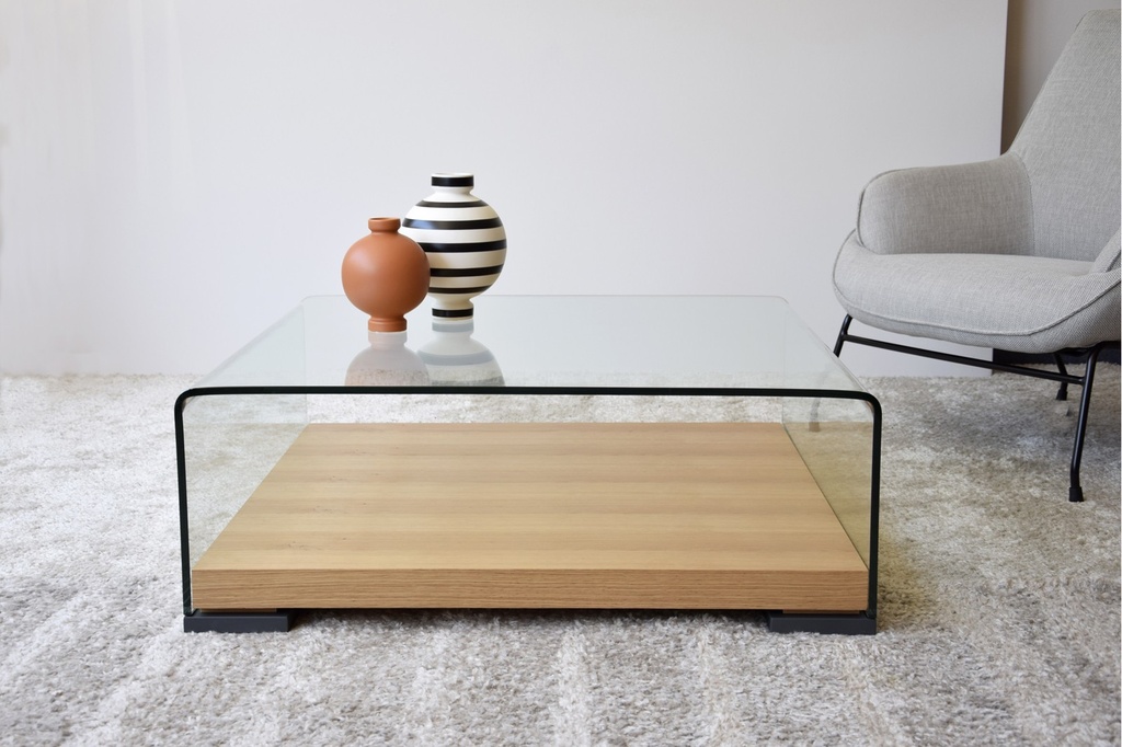 MESA DE CENTRO VIDRIO TEMPLADO Y ROBLE