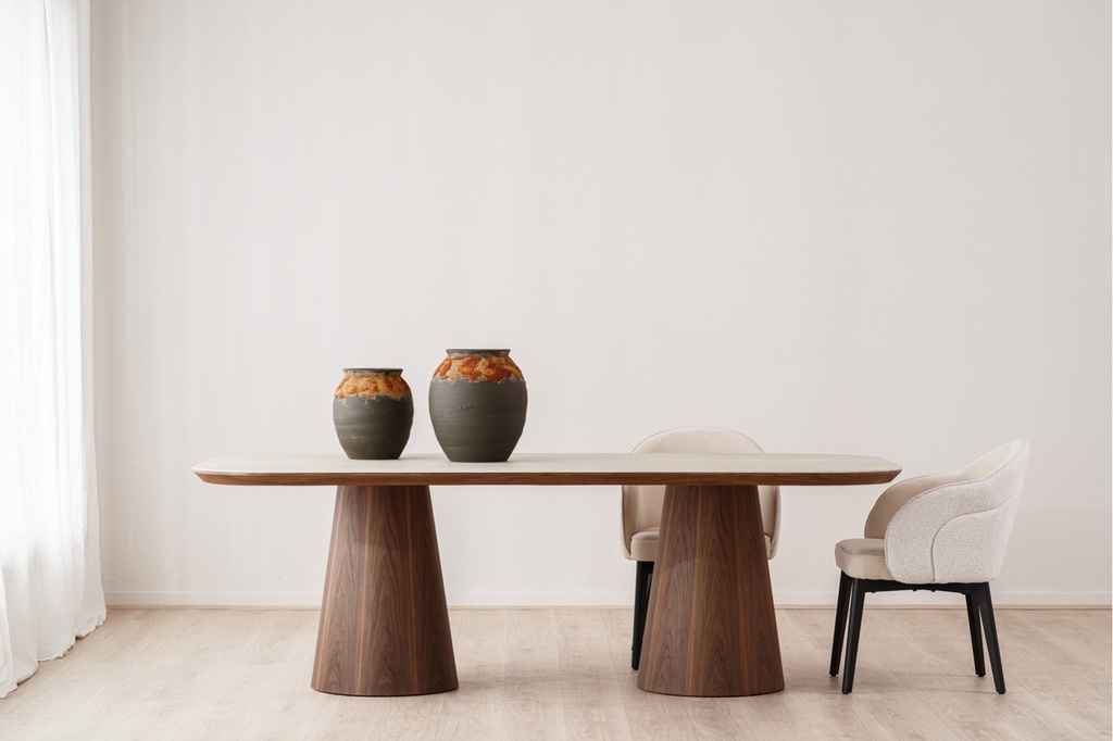 MESA COMEDOR DOLMEN. CERÁMICO Y NOGAL