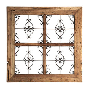 Espejo de estilo provenzal fabricado en madera de teka en color negro con acabado envejecido combinado con hierro en color natural y espejo.