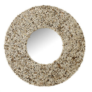 Espejo redondo maun de estilo étnico fabricado en madera de teka en color marrón combinado con espejo.