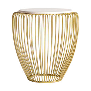 Mesa auxiliar digny de estilo art deco fabricado en hierro en color blanco combinado con mármol en color oro. Producto desmontable.