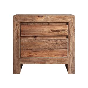 Mesita de noche breive de estilo rústico fabricado en madera de pino reciclado en color marrón con acabado envejecido.