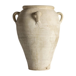 Ánfora kansara de estilo vintage fabricado en arcilla en color crema con acabado envejecido.