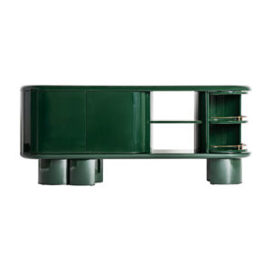 Aparador gory de estilo art deco fabricado en madera dm en color verde con acabado brillo combinado con hierro en color verde y acero inoxidable en color dorado. Producto desmontable.
