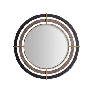 Espejo hadriel de estilo art deco fabricado en madera dm en color negro combinado con hierro en color oro y espejo.
