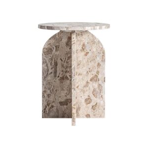 Mesa auxiliar Alessano de estilo art deco fabricado en mármol en color beige.