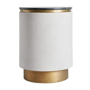 Mesa auxiliar zerbst de estilo art deco fabricado en hierro en color blanco combinado con mármol en color negro y madera dm. Producto desmontable.