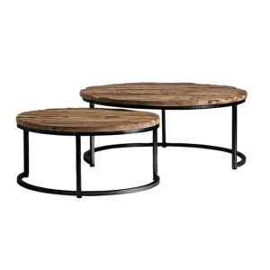 Mesa de centro j 2 akron de estilo industrial fabricado en madera de teka reciclada en color negro con acabado envejecido combinado con hierro en color natural.