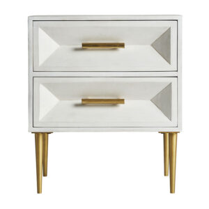 Mesita de noche kempten de estilo art deco fabricado en madera de mango en color blanco roto combinado con latón y hierro. Producto desmontable.