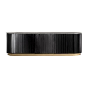 Mueble tv bettingen de estilo art deco fabricado en mármol en color negro combinado con hierro en color blanco y madera dm en color oro.