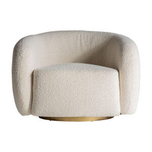 Sillón Scorze bouclé de estilo art deco fabricado en acrílico combinado con madera de pino y algodón bouclé en color blanco roto. Acero inoxidable color oro.