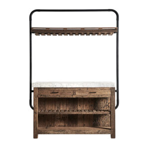 Barra de bar samsun de estilo industrial fabricado en madera de pino reciclado en color negro con acabado envejecido combinado con mármol en color blanco y hierro en color negro. Producto desmontable.