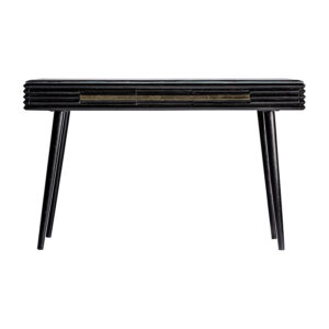 Escritorio rectangular plissé wood en color negro oro de estilo art deco. Fabricado en madera de mango combinado con mármol mate y hierro. Limpiar rápidamente la superficie del mármol si se mancha para evitar marcas. Producto desmontable.
