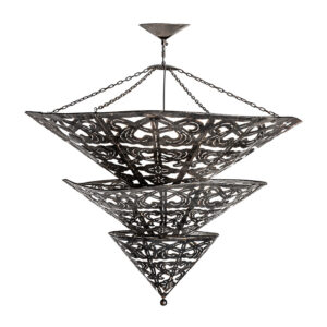 Lámpara de colgar triangular de estilo oriental fabricado en latón en color negra combinado con loneta y hierro.