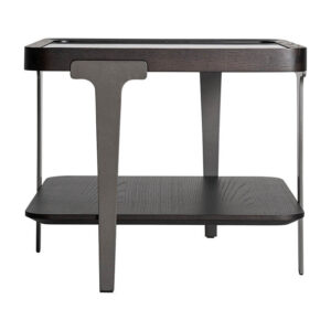 Mesa auxiliar Breil de estilo art deco fabricado en madera de fresno en color negro combinado con cristal en color negro con acabado ahumado y hierro en color negro. Producto desmontable.