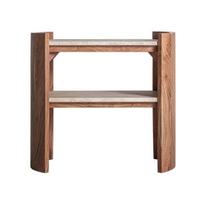 Mesa auxiliar Tivoli de estilo contemporáneo fabricado en travertino en color beige combinado con madera de acacia en color marrón. Producto desmontable.