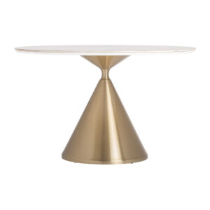 Mesa comedor freyung de estilo art deco fabricado en porcelánico en color blanco combinado con acero en color oro. Producto desmontable.