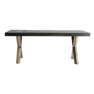 Mesa comedor kapie de estilo art deco fabricado en hierro en color oro combinado con madera de olmo. Producto desmontable.