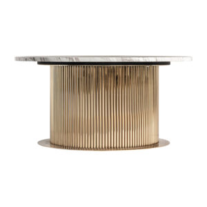 Mesa de centro breisach de estilo art deco fabricado en acero en color blanco combinado con mármol sintético en color oro. Producto desmontable.