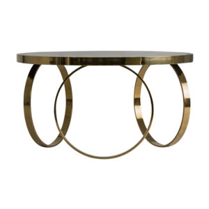 Mesa de centro reda en color oro brillo de estilo art deco. Fabricado en espejo combinado con madera dm y acero. Producto desmontable.