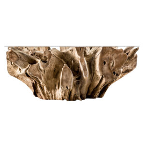 Mesa de centro waary de estilo étnico fabricado en raíz teka en color marrón con acabado envejecido combinado con vidrio. Producto desmontable.