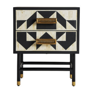 Mesita de noche senj de estilo art deco fabricado en hierro en color negro combinado con hueso en color blanco.