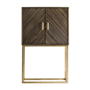 Mueble bar kraj de estilo art deco fabricado en hierro en color marrón combinado con madera de mango en color oro.