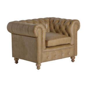 Sillón capitoné elkins de estilo vintage fabricado en piel en color marrón combinado con madera de acacia. Producto desmontable.