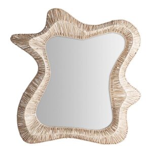 Espejo fabricado en rafia en color marrón combinado con espejo y madera dm.