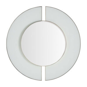 Espejo bahiale de estilo art deco fabricado en cristal en color blanco combinado con hierro en color oro y madera dm.