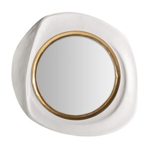Espejo riley de estilo contemporáneo fabricado en resina en color blanco combinado con hierro en color oro y espejo.