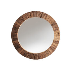 Espejo redondo tarakan de estilo étnico fabricado en madera de teka reciclada en color marrón con acabado envejecido combinado con espejo.