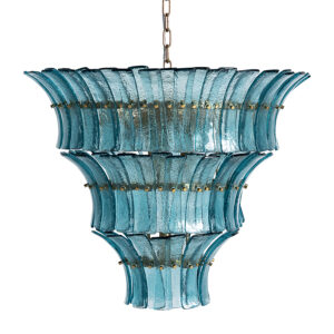 Lámpara de colgar Breglia de estilo vintage fabricado en cristal en color azul combinado con hierro en color cobre. Producto desmontable.