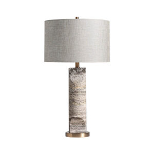 Lámpara de sobremesa Helios de estilo art deco fabricado en mármol en color gris combinado con hierro en color oro y poliéster en color gris. Producto desmontable.