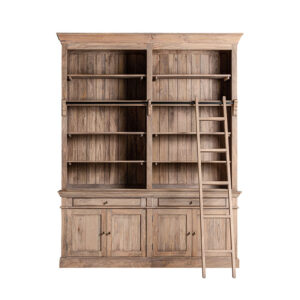 Librería mandern de estilo colonial fabricado en madera de mango en color marrón con acabado envejecido combinado con hierro y madera dm. Producto desmontable.