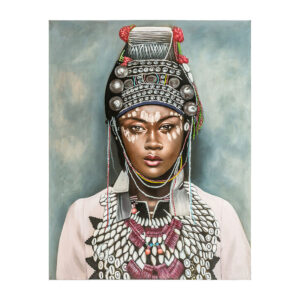 Lienzo Akram de estilo étnico fabricado en lienzo en color multicolor con acabado artesanal combinado con madera de pino.