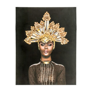 Lienzo Niurka de estilo oriental fabricado en lienzo en color negro con acabado artesanal combinado con madera de pino en color oro.