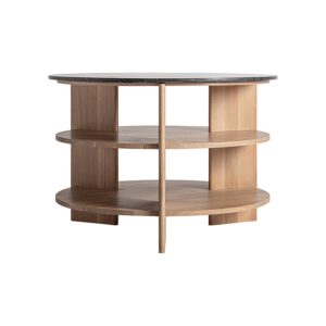 Mesa auxiliar Nara de estilo contemporáneo fabricado en madera roble en color marrón combinado con travertino en color negro. Producto desmontable.