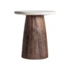 Mesa auxiliar skorup de estilo rústico fabricado en madera recuperada en color marrón con acabado envejecido combinado con mármol en color blanco.