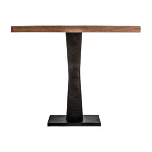 Mesa bar bugle de estilo industrial fabricado en madera de mango en color marrón combinado con hierro en color negro. Producto desmontable.