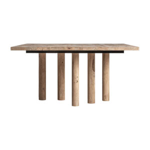 Mesa comedor Jacquard de estilo contemporáneo fabricado en madera de mango en color marrón claro combinado con travertino en color marrón. Producto desmontable.