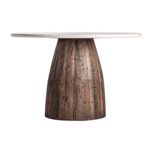 Mesa comedor skorup de estilo rústico fabricado en madera recuperada en color marrón con acabado envejecido combinado con mármol en color blanco.