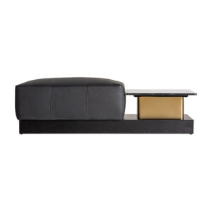 Mesa de centro traun de estilo art deco fabricado en madera roble en color negro combinado con acero en color oro y mármol.