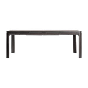 Mesa extensible Buken de estilo clásico fabricado en madera de fresno en color negro con acabado lacado combinado con chapa de madera y madera de caucho. Producto desmontable extensible.