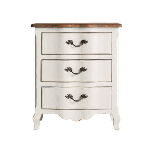 Mesita de noche Pivka de estilo provenzal fabricado en madera de pino reciclado en color blanco roto.