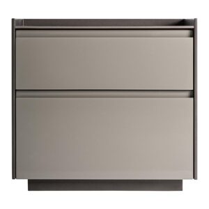 Mesita de noche Rotwell de estilo art deco fabricado en madera dm en color gris combinado con piedra sinterizada en color tonos oscuros.