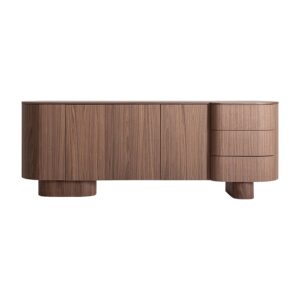 Aparador Kexby de estilo contemporáneo fabricado en madera dm en color marrón combinado con chapa de nogal. Producto desmontable.